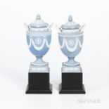 Two Wedgwood Solid Light Blue Jasper Vases and Covers, England, 19th century, each with acorn finial