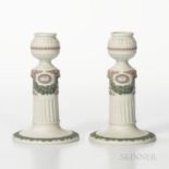 Pair of Wedgwood Tricolor Jasper Candlesticks, England, late 19th century, solid white with applied