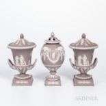 Three Wedgwood Solid Lilac Jasper Vases and Covers, England, late 20th century, each with applied wh