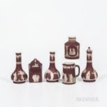 Six Wedgwood Crimson Jasper Dip Items, England, early 20th century, each with applied white classica