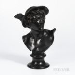 Wedgwood Black Basalt Bust of Mercury, England, 19th century, mounted atop a waisted circular socle,