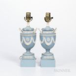 Pair of Wedgwood Solid Light Blue Jasper Table Lamps, England, 19th century, applied white classical