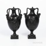 Pair of Wedgwood & Bentley Black Basalt Vases and Covers, England, c. 1780, each with masked handles