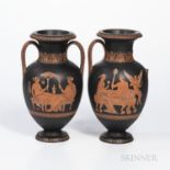 Pair of Wedgwood Encaustic Decorated Black Basalt Vases, England, early 19th century, each with iron