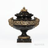 Gilt-bronze-mounted Marble Urn and Cover, 19th century, fruit finial and Bacchus head handles with a