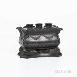 Wedgwood Black Basalt Flowerpot and Lid, England, 19th century, rectangular sarcophagus shape with m