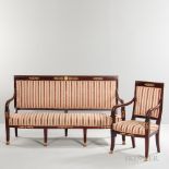 Neoclassical-style Mahogany Seating Suite, 20th century, five armchairs with gilt-metal ornamentatio