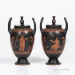 Pair of Wedgwood Encaustic Decorated Black Basalt Vases with Covers, England, 19th century, urn fini