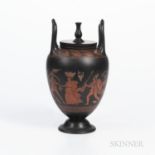 Encaustic Decorated Black Basalt Vase and Cover, England, 19th century, urn finial and upturned loop