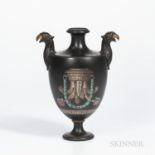 Encaustic and Gilded Black Basalt Vase, England, 19th century, molded bird handles, iron, red, black