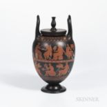 Encaustic Decorated Black Basalt Vase and Cover, England, 19th century, urn finial and upturned loop