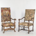 Two Upholstered Walnut Armchairs, one with a figural needlework upholstery, ht. 52, wd. 29, dp. 26 1