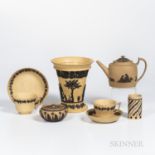 Six Wedgwood Caneware Items, England, 19th century, three with applied black basalt relief, vase wit