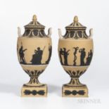 Pair of Wedgwood Yellow Jasper Dip Vases and Covers, England, c. 1930, upturned white handles, appli