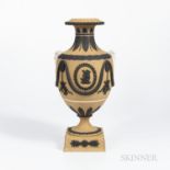 Wedgwood Yellow Jasper Dip Vase, England, early 20th century, applied black jasper relief with folia