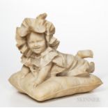 Alabaster Figure of an Infant, 19th/20th century, sculpted playfully laying on a pillow, faint inscr