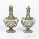 Two Wedgwood Tricolor Jasper Dip Barber Bottles and Covers, England, 19th century, each with applied