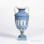Wedgwood Solid Blue Jasper Two-handled Vase and a Cover, England, late 18th century, scrolled foliat