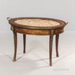 Marquetry and Marble-inset Tray Table, late 19th/early 20th century, ht. 20 1/2, lg. handle to handl