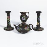 Four Wedgwood Enamel Decorated Black Basalt Items, England, 19th century, each with polychrome ename