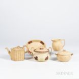 Five Wedgwood Caneware Items, England, 18th and 19th century, two tea wares with applied rosso antic