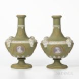 Pair of Wedgwood Four Color Jasper Dip Barber Bottles, England, c. 1882, green ground with lilac med