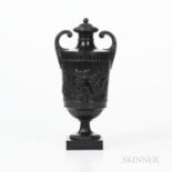 Wedgwood & Bentley Black Basalt Vase and Cover, England, c. 1780, scrolled foliate handles and with