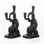 Two Wedgwood Black Basalt Diana Candleholders, England, 19th century, each two-light with foliate br