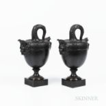 Two Non-period, Non Factory Black Basalt Stella Fishtail Ewers, England, each modeled with scales to