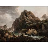 British School, 19th Century, Mountain Landscape with Lovers by a Rushing River, Unsigned., Conditio