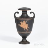 Wedgwood Encaustic Decorated Black Basalt Vase, England, 19th century, scrolled handles, iron red, b