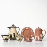 Six Modern Wedgwood Jasper Items, England, late 20th century, a three-piece primrose tea set with ap