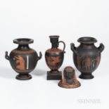 Four Encaustic Decorated Black Basalt Items, England, 19th century, each with iron red and black, in