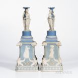 Pair of Wedgwood Jasper Figural Candlesticks on Plinths, England, 19th century, each blue and white,
