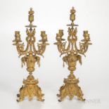 Pair of Gilt-bronze Renaissance Revival Five-light Candelabra, 19th century, scrolled candle arms su