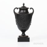 Wedgwood & Bentley Black Basalt Vase and Cover, England, c. 1775, scrolled foliate molded handles, c