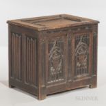 Gothic-style Carved Oak Coffer, late 19th/early 20th century, with a hinged lid, ht. 25 3/4, wd. 28