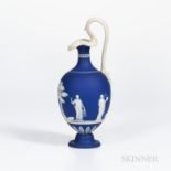 Wedgwood Dark Blue Jasper Dip Oenochoe Ewer, England, early 19th century, applied white scrolled fol