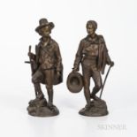 Two Bronze Figures of Hikers, France, 19th century, a figure wearing a hat and holding a long stick,