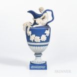 Wedgwood Dark Blue Jasper Dip Wine Ewer, England, early 19th century, applied white relief with Bacc