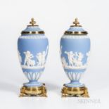 Pair of Brass Mounted Wedgwood Light Blue Jasper Vases and Covers, England, 19th century, applied wh