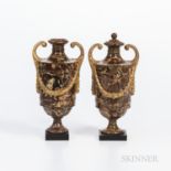 Two Similar Wedgwood & Bentley Agate Vases and Covers, England, c. 1780, gilding to scrolled handles