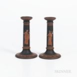 Pair of Wedgwood Encaustic Decorated Black Basalt Candlesticks, England, early 19th century, iron re
