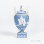 Wedgwood Solid Light Blue Jasper Vase and Cover, England, early 19th century, urn finial, applied wh