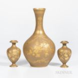 Three Wedgwood Gilded Drab Ground Earthenware Vases, England, c. 1885, each with floral decoration,