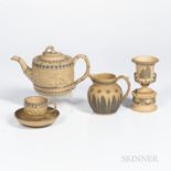 Four Wedgwood Caneware Items, England, 18th and 19th century, two with blue enamel encaustic decorat