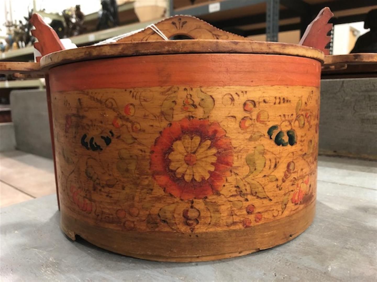 Scandinavian Bride's Box, 19th century, oval shape with carved handles, polychrome decoration of flo - Image 5 of 8