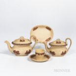 Four Wedgwood Caneware Tea Wares, England, each with applied rosso antico in relief, three with clas