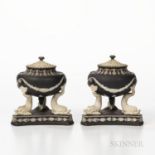 Two Wedgwood Black Jasper Dip Dolphin Incense Burners, England, 19th century, each with applied whit