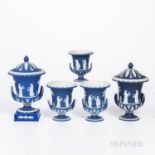 Five Wedgwood Dark Blue Jasper Dip Vases, England, late 19th and early 20th century, each with uptur